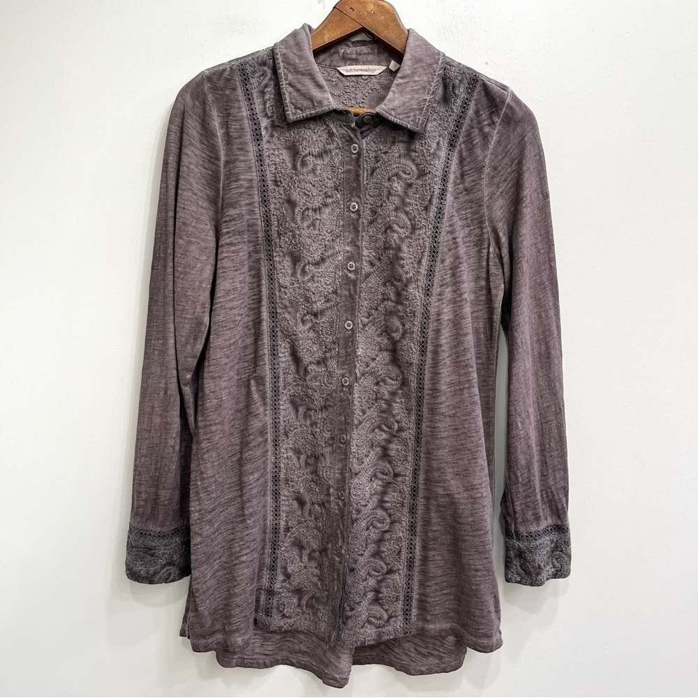 Soft Surroundings Sylvette embroidered button down tunic top washed brown color